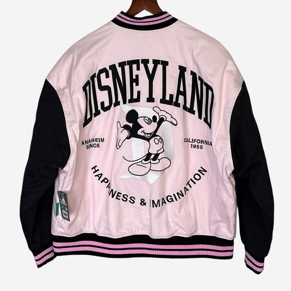 Disney Varsity Jacket Womens Mickey Mouse Pink Black Disneyland Lined Zip NEW - Picture 2 of 16